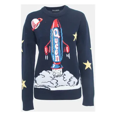 Dolce & Gabbana Navy Blue Spaceship Patterned Wool Sweater