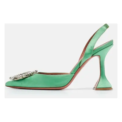 Amina Muaddi Green Satin Begum Slingback Pumps Size 36.5