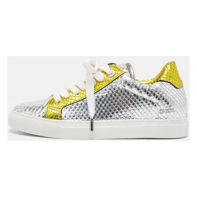 Zadig & Voltaire Silver Snakeskin Embossed Leather Lace Up Sneakers Size