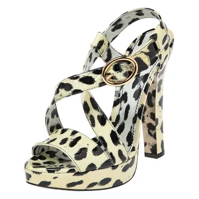 Dolce & Gabbana Yellow/Black Animal Print Patent Leather Cross Strap Platform Sandals Size