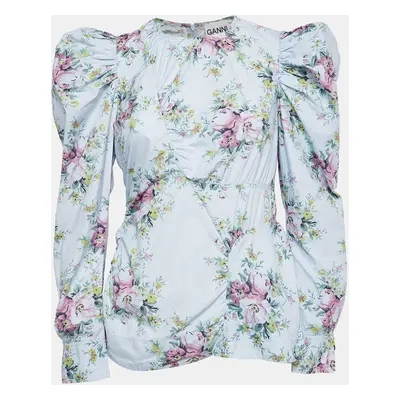 Ganni Blue Floral Print Puff Sleeve Top