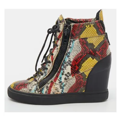 Giuseppe Zanotti Multicolor Snakeskin Embossed Leather High Toe Wedge Sneakers Size