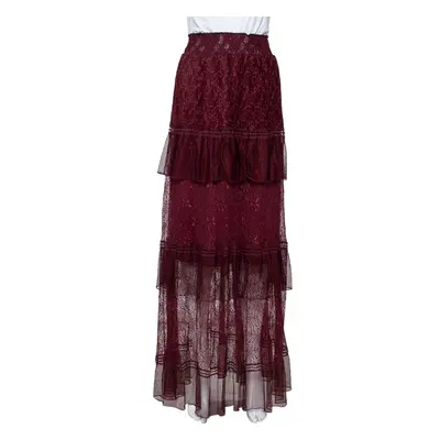 Just Cavalli Burgundy Lace Tiered Paneled Maxi Skirt