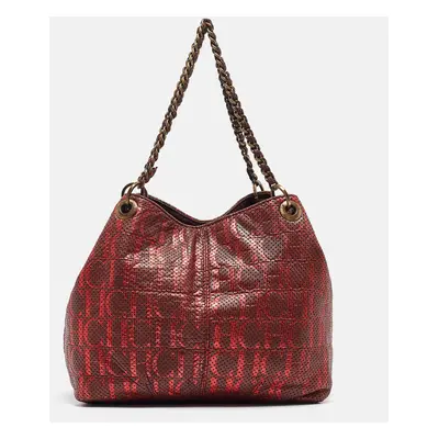 CH Carolina Herrera Burgundy/Red Metallic Perforated Monogram Leather Chain Tote