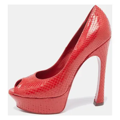 Saint Laurent Red Snakeskin Palais Platform Peep Toe Pumps Size