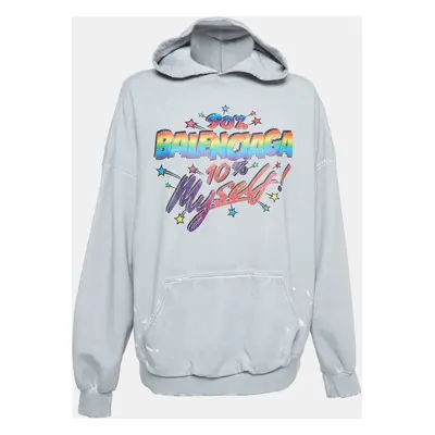 Balenciaga Grey Distressed Cotton Graphic Print Hoodie