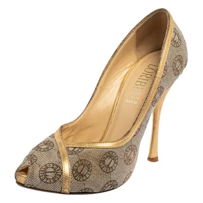 Loriblu Beige Canvas Monogram Peep Toe Pumps Size