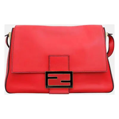 Fendi Red Leather Mamma Baguette Flap Shoulder Bag