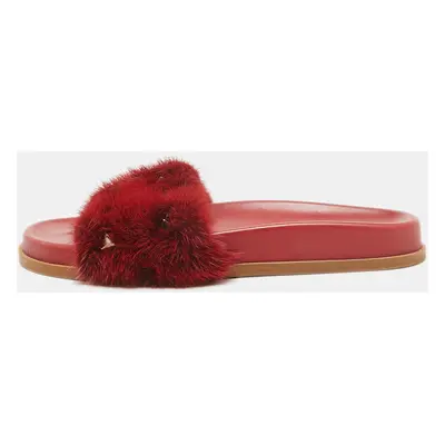 Valentino Red Fur Rockstud Slide Flats Size