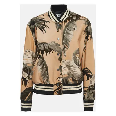 Off-White Tan Leaf Print Velvet Cotton Buttoned Bomber Jacket