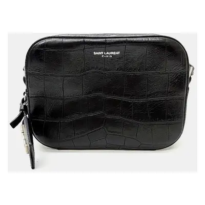 Saint Laurent Black Crocodile Embossed Leather Camera Bag