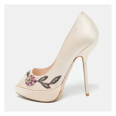 Dior Peach Satin Embellished Peep Toe Platform Pumps Size