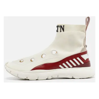 Valentino White/Red Cut Out Knit Fabric Rockstud High Top Sneakers Size