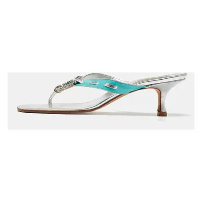 Manolo Blahnik Blue/Silver Leather Crystal Embellished Thong Sandals Size