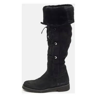 Loro Piana Black Suede and Fur Knee Length Flat Boots Size