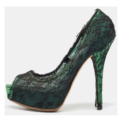 Dolce & Gabbana Black/Green Lace and Satin Peep Toe Platform Pumps Size