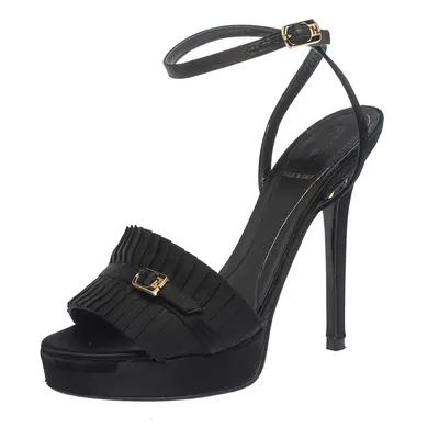 Fendi Black Satin Pleated Detail And FF Logo Buckle Ankle Strap Platform Sandals Size