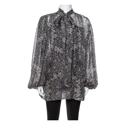 Dolce & Gabbana Grey Paisley Print Silk Bow Tie Blouse