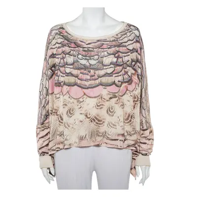 Roberto Cavalli Beige Printed Silk Knit Oversized Sweatshirt