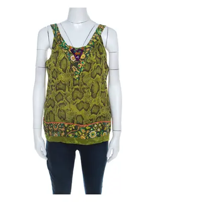 Etro Lime Green Snakeskin Print Silk Embellished Sleeveless Top