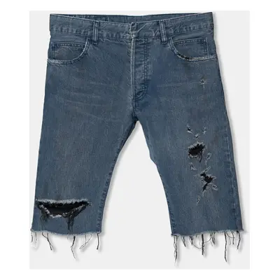 Balmain Blue Distressed Denim Frayed Edged Shorts