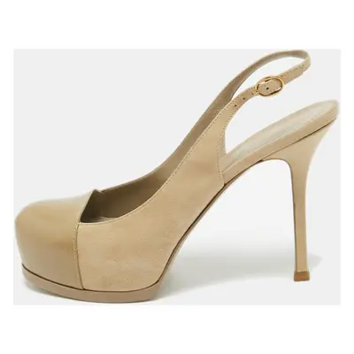 Saint Laurent Beige Suede and Leather Tribtoo Slingback Pumps Size 38.5