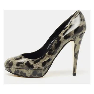 Gina Grey/Black Leopard Print Patent Leather Platform Pumps Size 39.5