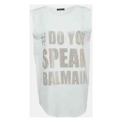 Balmain Off-White Slogan Studded Cotton Tank Top