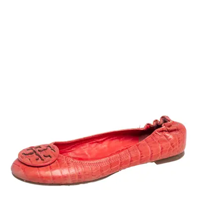 Tory Burch Orange Croc Embossed Leather Minnie Travel Ballet Flats Size