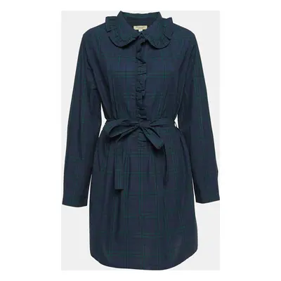 Burberry Navy Blue Plaid Cotton Ruffled Mini Dress