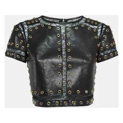 Alice + Olivia Black Lace Trim Leather Studded Crop Top