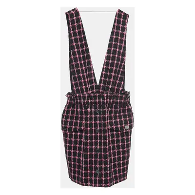 Maje Black/Pink Checked Tweed Plunge V-Neck Mini Dress