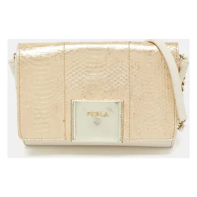 Furla Gold/Cream Leather and Python Embossed Leather Shoulder Bag