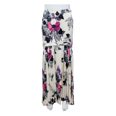 Roberto Cavalli Cream Floral Print Silk Satin Maxi Skirt