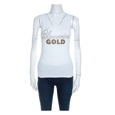 Blumarine White and Gold Embellished Stretch Cotton Sleeveless Top