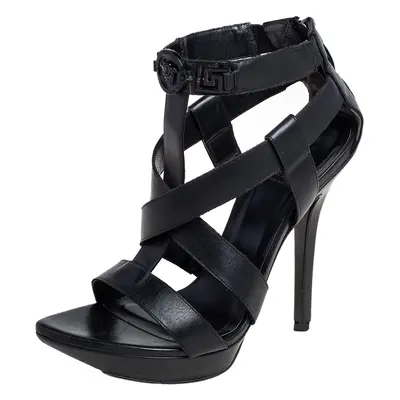 Versace Black Leather T Strappy Platform Sandals Size 37.5