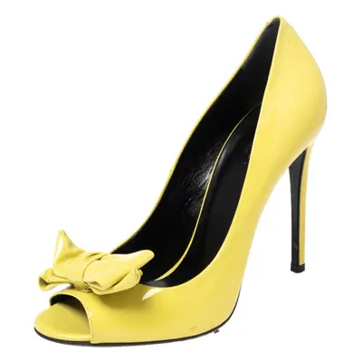 Gucci Yellow Patent Clodine Peep Toe Bow Pumps Size