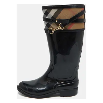 Burberry Black/Beige Rubber and House Check Canvas Rain Boots Size