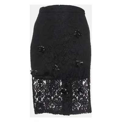 Alexis Black Brooch Embellished Lace Pencil Skirt