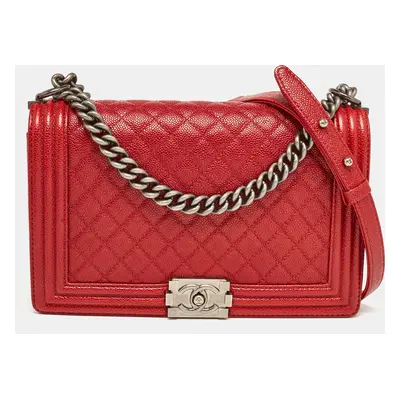 Chanel Red Quilted Caviar Leather New Boy Bag