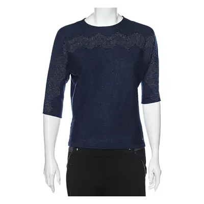 CH Carolina Herrera Navy Blue Wool & Lace Trim Detailed Jumper