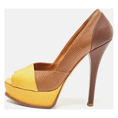 Fendi Brown/Yellow Lizard Embossed Leather Fendista Peep Toe Pumps Size