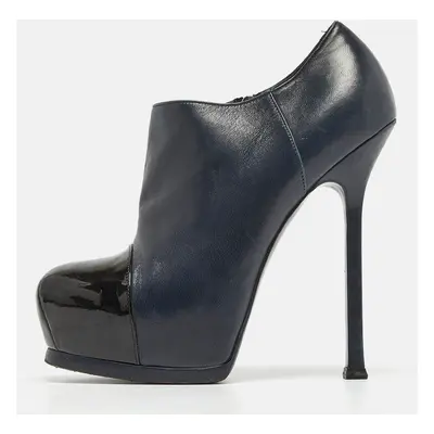 Yves Saint Laurent Navy Blue/Black Leather and Patent Leather Tribute Platform Ankle Booties Siz