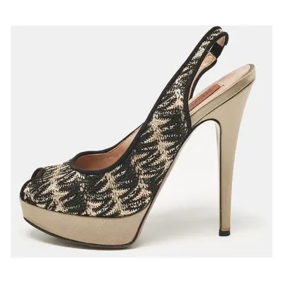 Missoni Black/Grey Lace and Satin Peep Toe Platform Slingback Pumps Size