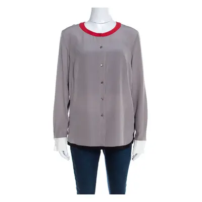 Escada Pewter Grey Silk Contrast Trim Long Sleeve Nendi Blouse