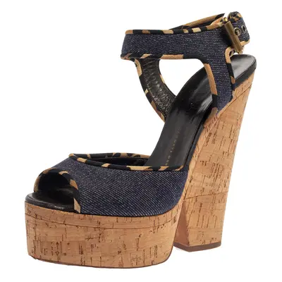 Giuseppe Zanotti Dark Wash Denim Cork Heel Platform Wedge Sandals Size