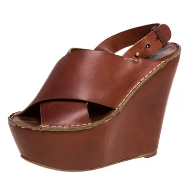 Chloe Brown Leather Criss Cross Platform Wedge Sandals Size