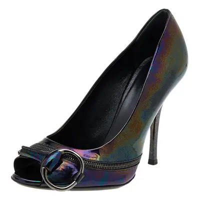 Gucci Multicolor Iridescent Patent Leather Horsebit Peep Toe Pumps Size 37.5