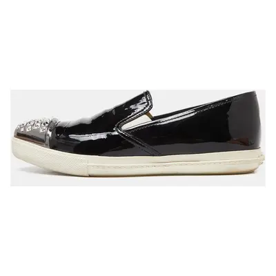 Miu Miu Black Patent Leather Crystals Embellished Slip On Loafers Size