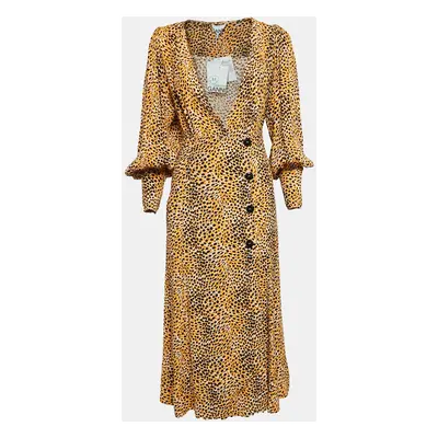 Ganni Yellow Leopard Print Crepe Buttoned Midi Dress